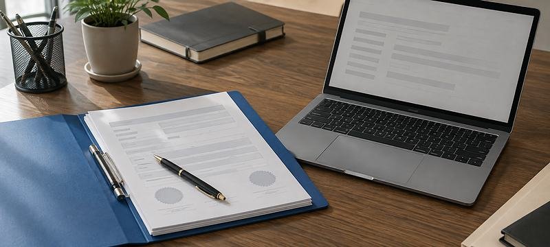 A folder of company registration paperwork open on a desk beside a laptop