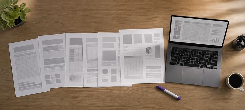 Printed marketing templates fanned out across a desk, with the same layout open on a laptop