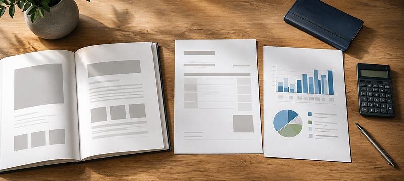 A client document set laid out: a proposal, an invoice and a monthly report with charts