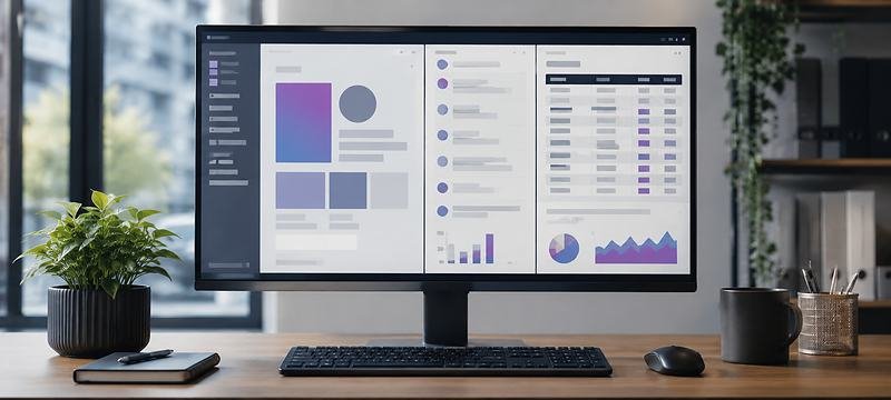 A large monitor running several marketing tools side by side