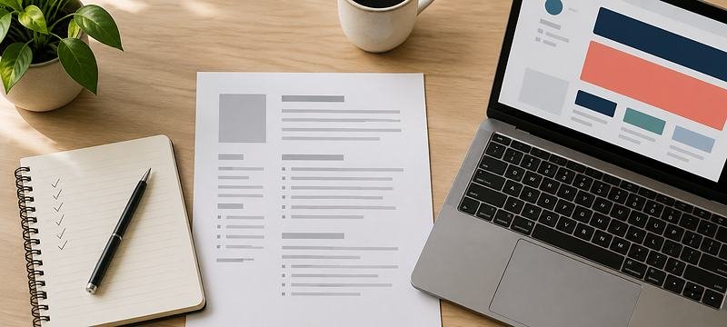 A printed CV and a professional profile open on a laptop, with interview notes alongside