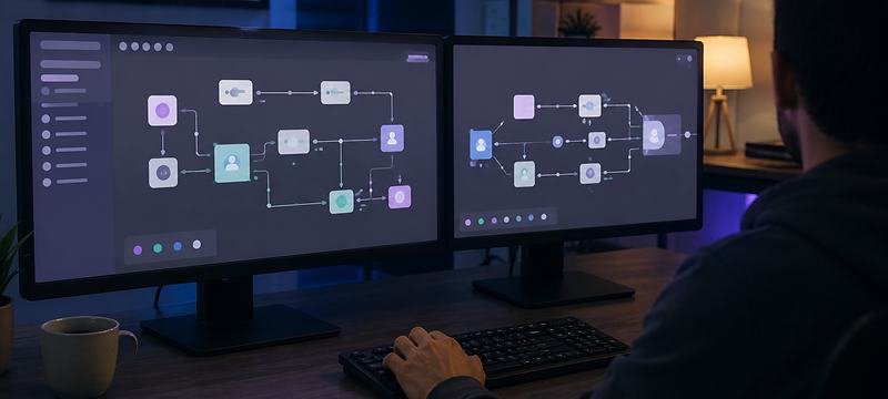 Two monitors showing an automation workflow built as connected steps