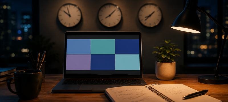 A late evening call desk with three clocks on different time zones and a client call on the laptop