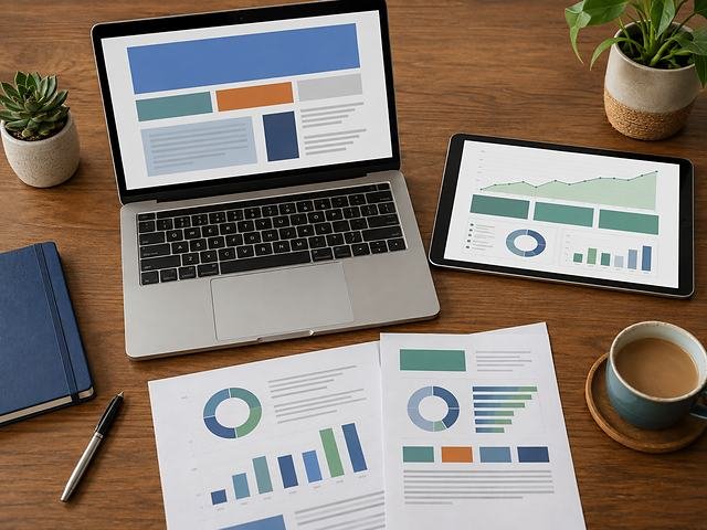 A finished body of work laid out on a desk: a live landing page, a lead dashboard and printed campaign reports