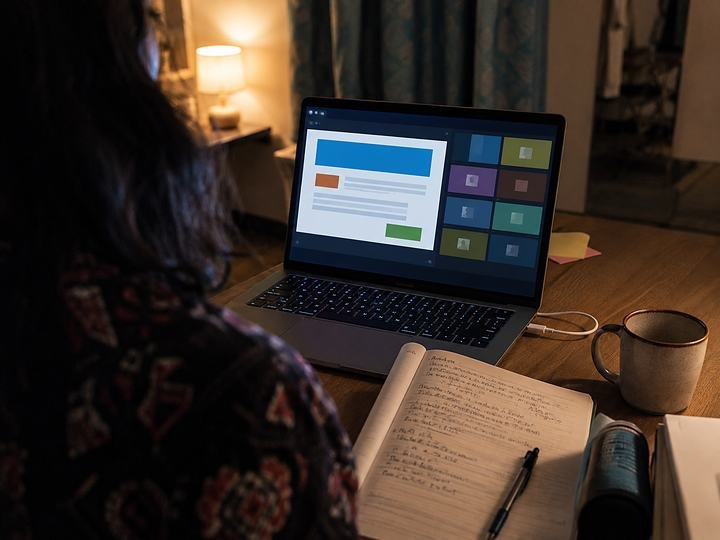 A live evening class on a laptop, photographed over the shoulder with handwritten notes open