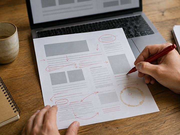 A printed piece of work marked up in red pen, with the hand still holding the pen
