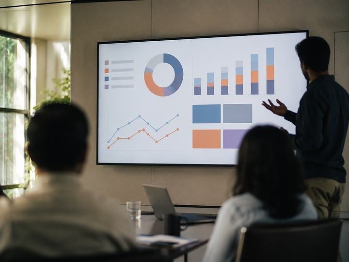 A learner presenting campaign results on a large screen to a seated group