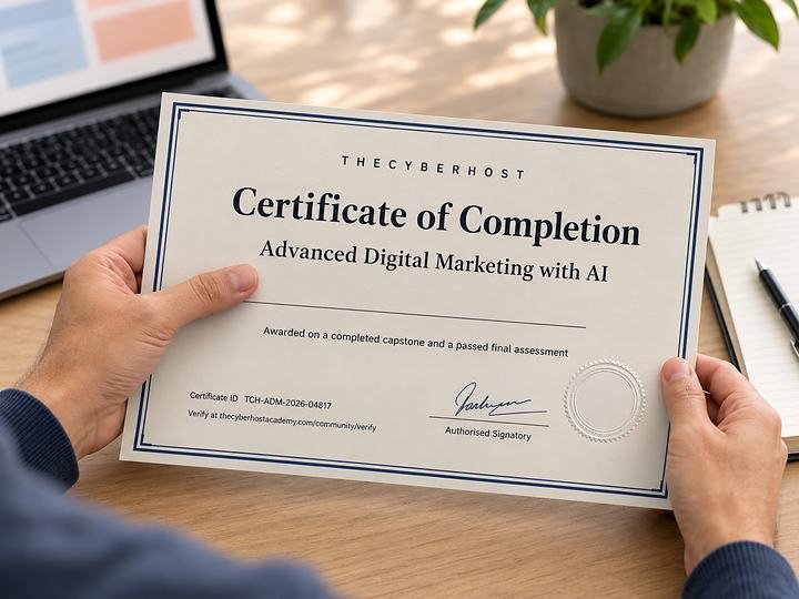 A THECYBERHOST Certificate of Completion for Advanced Digital Marketing with AI, held in both hands