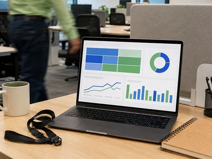 A working desk in a marketing office with a campaign dashboard open and a lanyard beside the keyboard