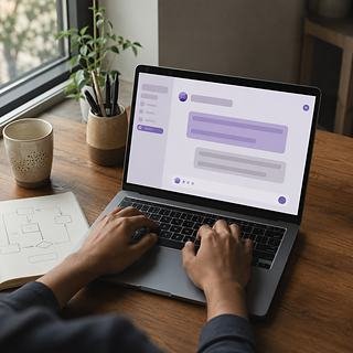 Hands typing on a laptop showing an AI assistant, with a workflow sketched in the notebook alongside