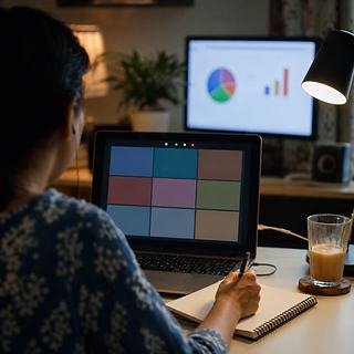 A learner at a laptop in the evening, seen from behind, with a live class on screen and notes open beside it