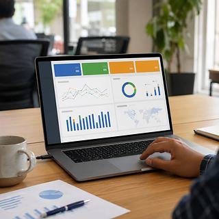 A live advertising dashboard on a laptop, showing performance charts and spend tiles
