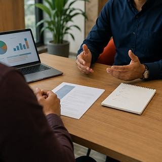 A one-to-one practice interview at a table, with a printed CV and written feedback between them