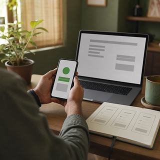 A freelancer holding a phone showing a payment received, with an invoice open on the laptop behind