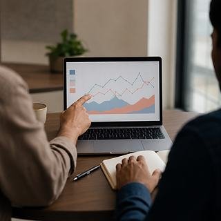 A mentor and a learner at one laptop, one of them pointing at a performance chart
